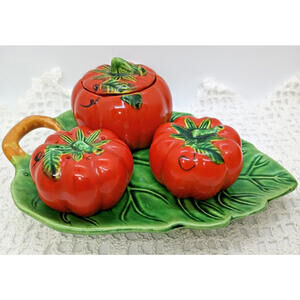 Occupied Japan Tomatoes Salt & Pepper and Condiment Container Leaf Tray Vintage